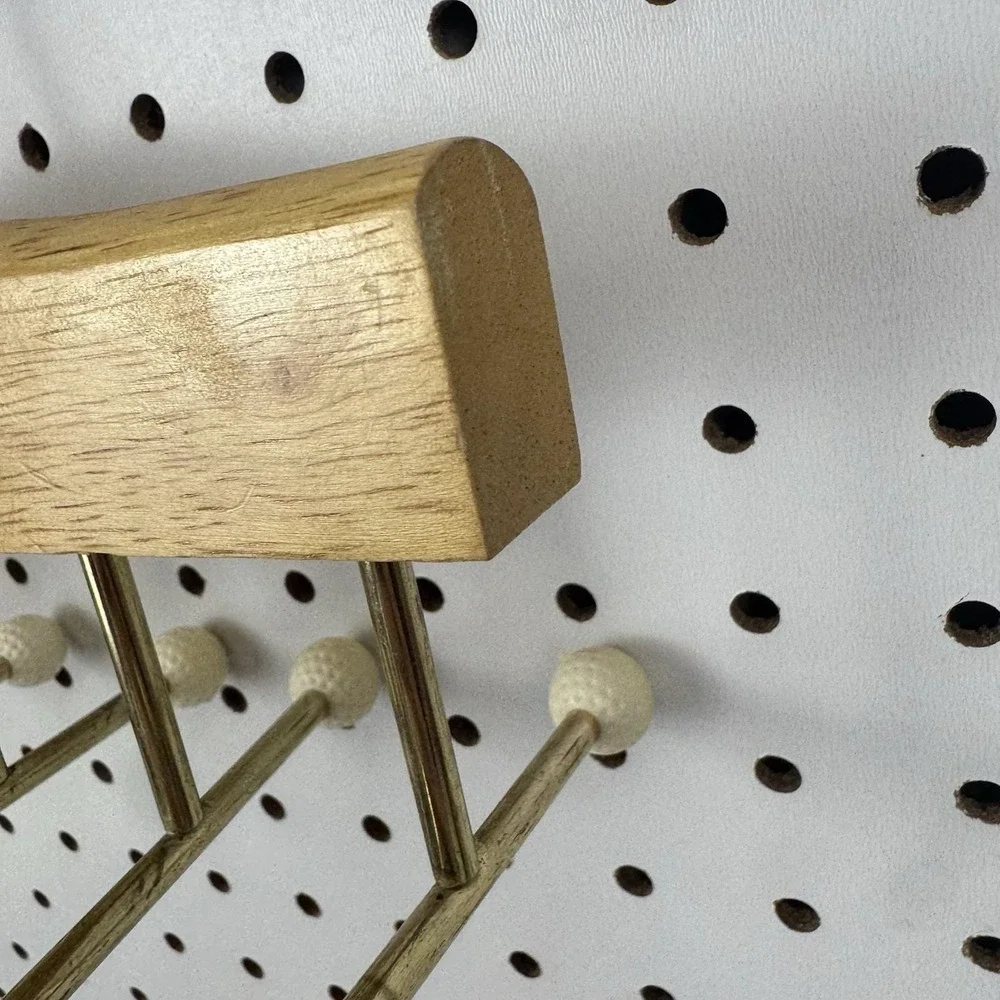 Vtg Mid Century Golf Ball Tie Belt Rack Wood Brass Wall Organizer
